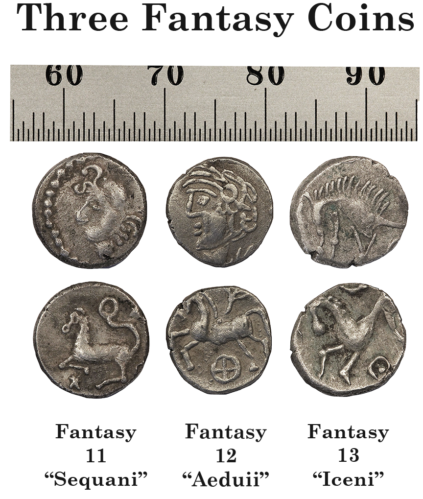 Three fantasy coins: "Sequani", "Aeduii". and "Iceni"